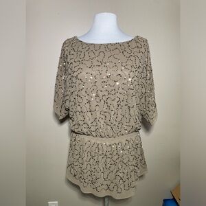 ADRIANNA PAPELL Women’s Sequin Top W/Rouged detail Taupe 100% polyester Size XL